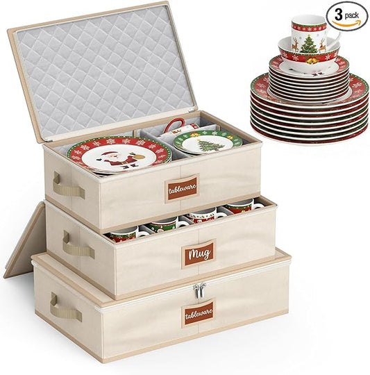 MISSLO Large Capacity China Storage Containers Hard Shell Plate Storage Containers, Kitchen Packing Moving Boxes for Dishes, Dinnerwares, Mugs Protectors, Beige, 3 Piece Set
