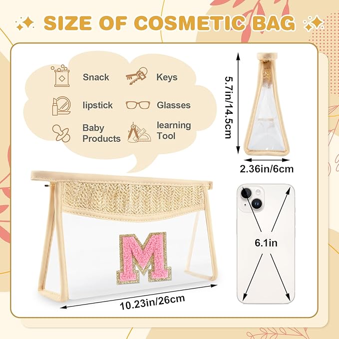 Small Boho Straw Initial Letter Makeup Bag Personalized Gift ,Cute Clear Chenille Patch Makeup Bag With Zipper,Trendy TSA Approved Travel Toiletry Bag,Gift for Women Girls Birthday Friend, Letter M