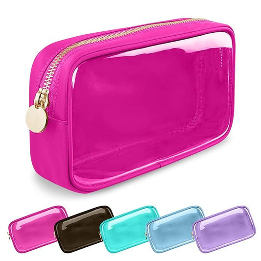 Clear Small Makeup Bag with Zipper, Nylon&PVC Cosmetic Travel Bag Preppy TSA Approved Toiletry Bag for Women Girls, Transparent Waterproof Makeup Pouches Cute Travel Bag for Purse (Small-Hot Pink)