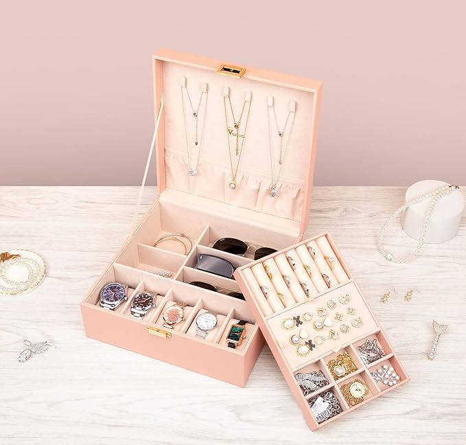 Voova Jewelry Box Organizer for Women Teen Girls, 2 Layer 5 Slot Watch Storage Case with Removable Tray, PU Leather Large Jewellery Holder Display for Watches Sunglasses Rings Earrings Necklace, Pink