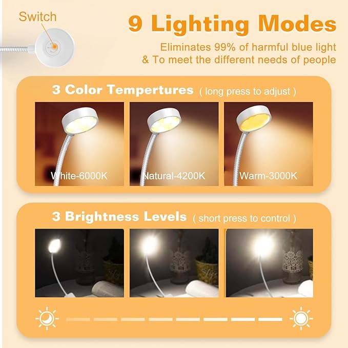 2 Packs Rechargeable Book Reading Light - Adjustable Brightness, 3 Color Temperatures, 30+ Hours Runtime - Eye Care 10 LED Lamp for Reading for Bed,Back to School Gift for Student-White & Black