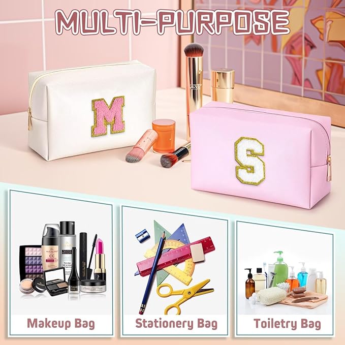 TOPEAST Travel Makeup Bag, Personalized Initial Toiletry Bag w Zipper, Cute Makeup Pouch, PU Leather Waterproof Cosmetic Bag, Birthday Gift for Daughter, Preppy Things for Girls (Pearly White G)