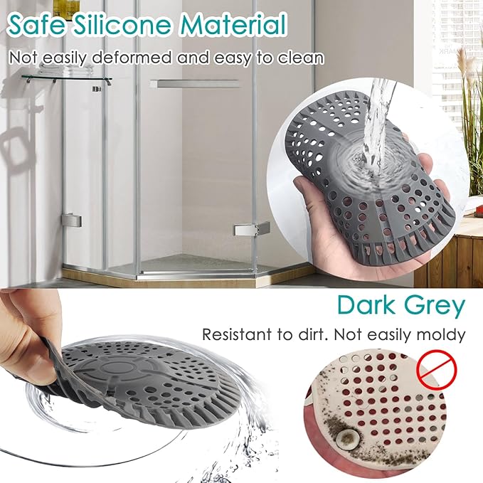 Shower Drain Hair Catcher, 2 Pack 5.5in Shower Hair Catcher Large Premium Silicone Drain Protector Strainer, Shower Drain Cover for Shower Room, Floor Drain, Bathroom Sink, Dark Grey