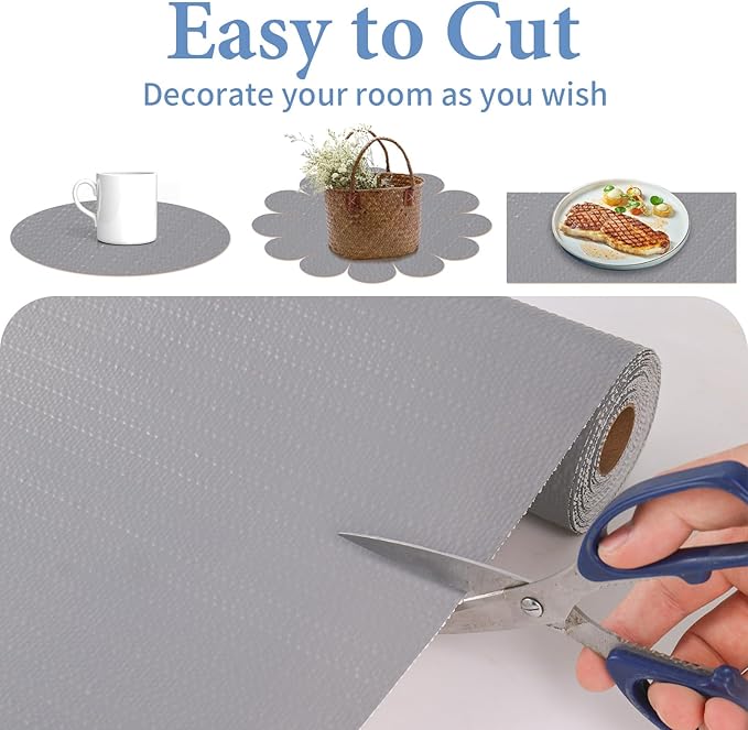 Shelf Liners for Kitchen Cabinets Non Adhesive Drawer Liner 17in x 30FT Pure Grey Thickened Shelf Liner Strong Non-Slip Easy to Clean for Tool Box Refrigerator with Knife and Tape Measure