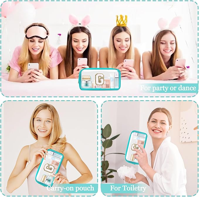 Small Clear Personalized Initial Makeup Bag,Nylon Preppy A-Z Chenille Letter Patch Cosmetic Pouch Beach Toiletry Bag,Waterproof Zipper Travel Purse Storage Bag Organizer for Women Girls(Cyan-White G)