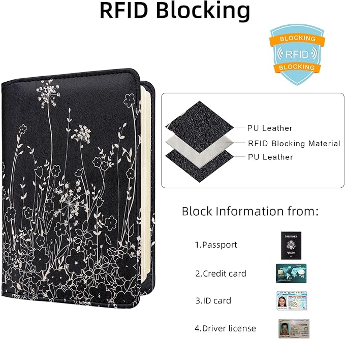 WALNEW Passport Holder for Travel, RFID Passport Cover Wallet for Women Men, PU Leather Passport Book Card Holder Case with Pen (Elastic Band Closure, D-Black Flowers)