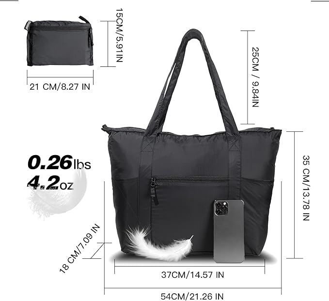 Foldable Lightweight Travel Duffel Tote Bag, Nylon and Polyester Packable Totes with Zipper, 23-28L Collapsible Compact Large for Women and Men, Black