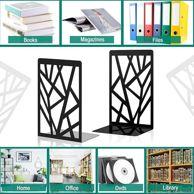 Zonon 6 Pcs Heavy Duty Bookends Decorative Black Metal Bookends for Shelves Book Divider Geometrical Holder Art Design Book Stopper for Home Office School