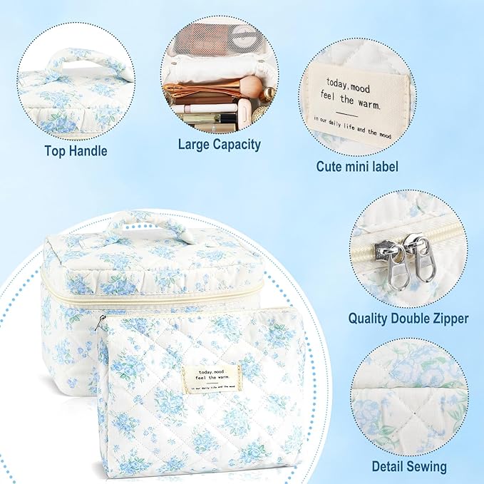 2Pcs Cotton Quilted Makeup Bag for Women Girls Large Small Travel Floral Cosmetic Bags Set Cute Coquette Zipper Makeup Pouch for Purse Aesthetic Cloth Flower Storage Toiletry Bag Organizer