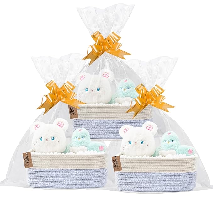 COMFY-HOMI 11.5"x7.5"x4.7" Storage Baskets for Organizing | Cotton Rope Woven Basket | Toy Storage Bin Box | Basket for Shelves, Closet Organizer Bin, Decorative Closet Shelf, 3 Pack, white/bule