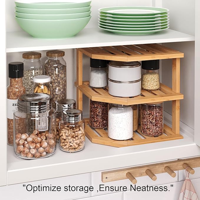 VERTORGAN 3 Tier Bamboo Corner Shelf,Dish Drying Rack,Plate Organizer,Kitchen Spice Rack for Countertop and Cabinet
