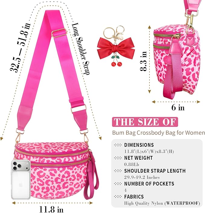 Bum Bag Crossbody Bag for Women | Spacious Bum Bags | Nylon Crossbody Fanny Packs | Leopard Purse Belt Wallet (Colour Bum Bag-Rose Leopard)
