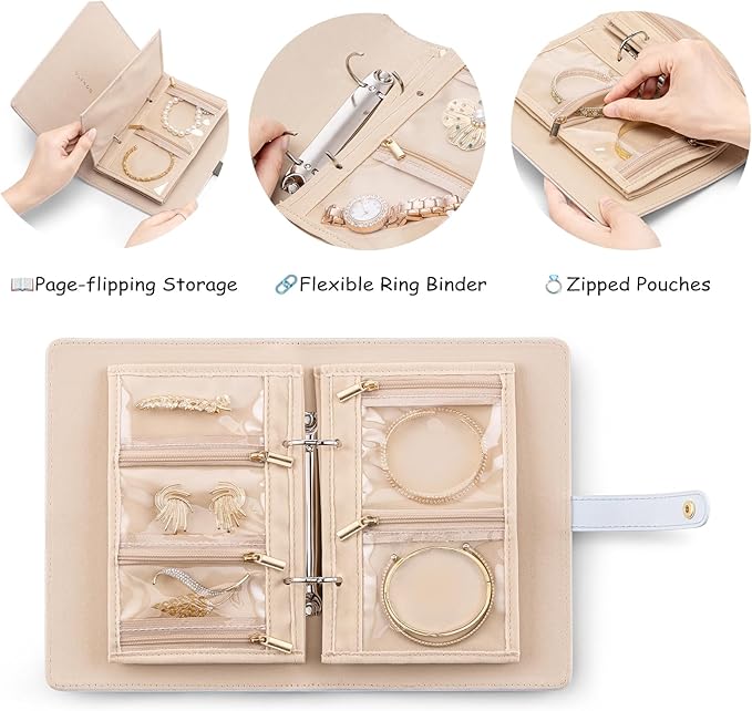 Vlando Jewelry Book Organizer - Leather Travel Jewelry Case with 5 Detachable Pages for Necklaces, Rings, Earrings, Tangle-Free, Giftable,Baby Blue