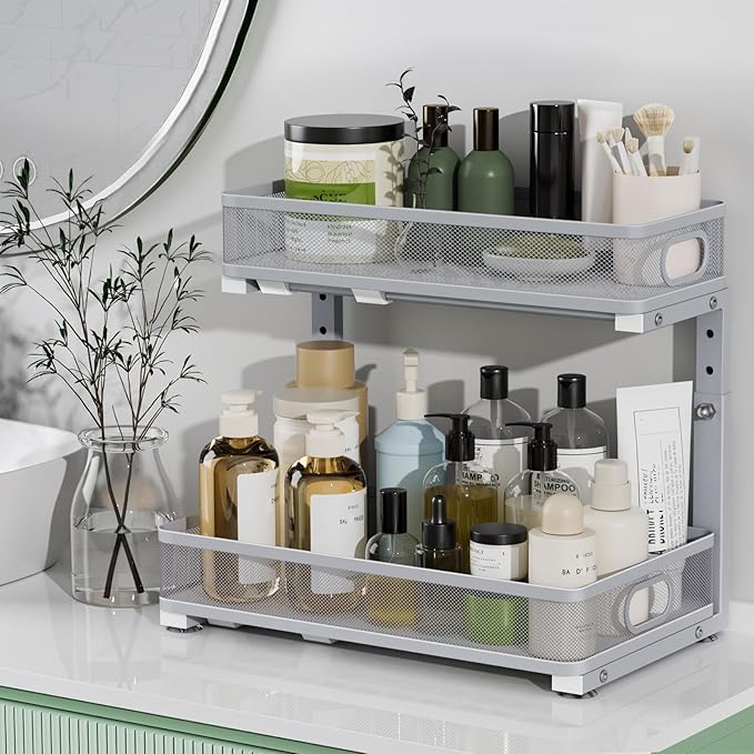 Under Sink Organizer, Highly Adjustable 2-Tier Under Sink Organizers and Storage, Slide-Out Metal Cabinet Organizers, Pull-Out Sink Storage Drawer Shelf for Kitchen Bathroom Cabinet, Grey, 2 Pack