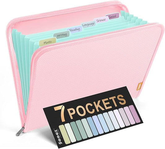 Sooez 7 Pockets Accordion File Organizer, Zipper Expanding File Folder, Heavy Duty Folder Organizer, Sleek Letter Size Accordion Folder, Portable Expandable File Folder for Documents, Pink