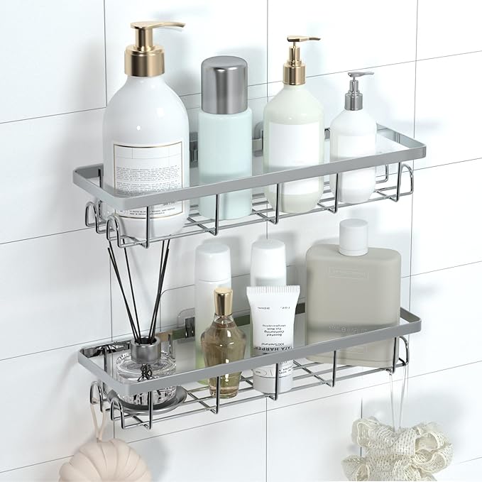 Shower Caddy Organizer with Hooks, Self Adhesive Bathroom Shelves, No Drilling Bathroom Organizers and Storage, Perfect for RV, Apartment, Home Decor, 2 Pack Silvery
