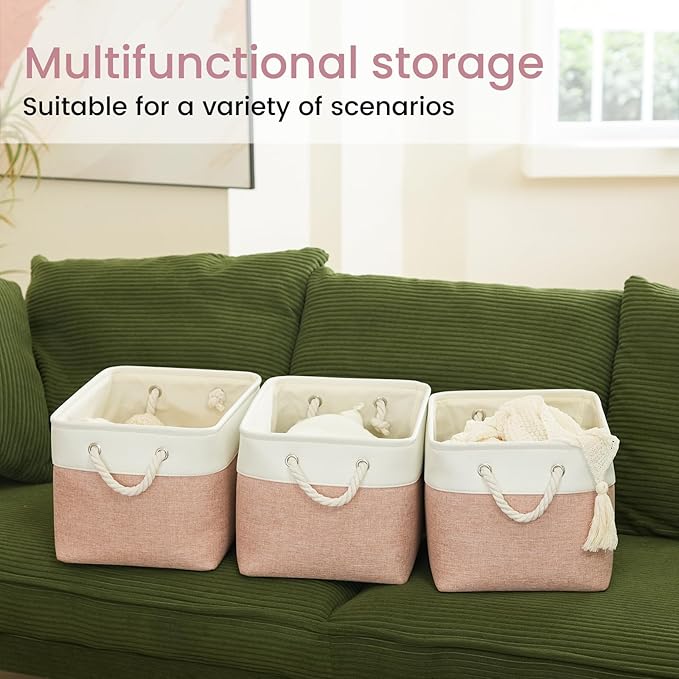 VQRTEXA Large Storage Baskets - 15x11x10 inch Storage Bins for Shelves and Closet Organizing, Foldable Fabric Bin for Home Organization Clothes and Laundry (6-Pack, White&Pink)