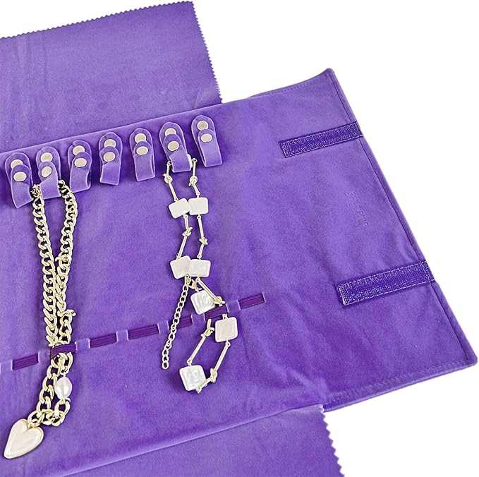 UnionPlus Velvet Travel Jewelry Roll Bag Organizer for Necklace, Elastic Band and Anti-winding, Purple