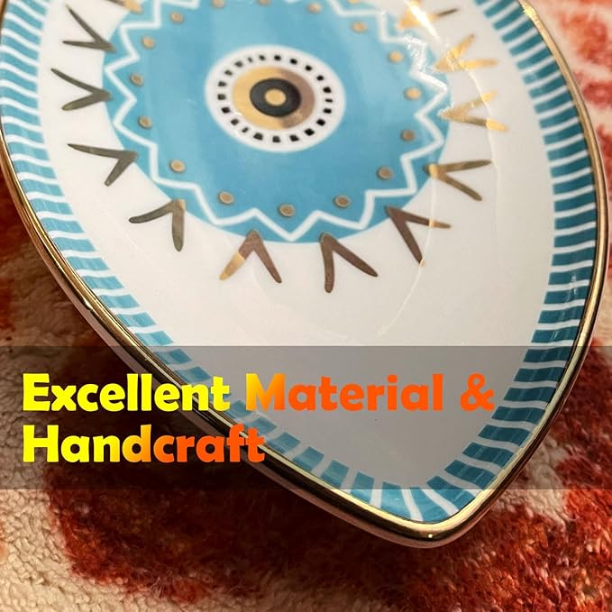 Exquisite Small Ceramic Jewelry Tray - Trinket Dish Evil Eye Decor, Gold Plate Ring Holder, Modern Boho Home Essentials, Perfume Organizer, Witchy, Aesthetic Room Decor (Blue)
