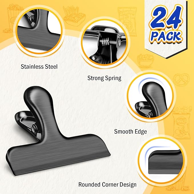 VNDUEEY 24 Pack Stainless Steel Chip Bag Clips, Chip Clips for Food Bags, Heavy Duty Clip for Kitchen and Office to Seal Coffee Bags, Paper Sheets, Airtight Seal - 3 Inches, Black
