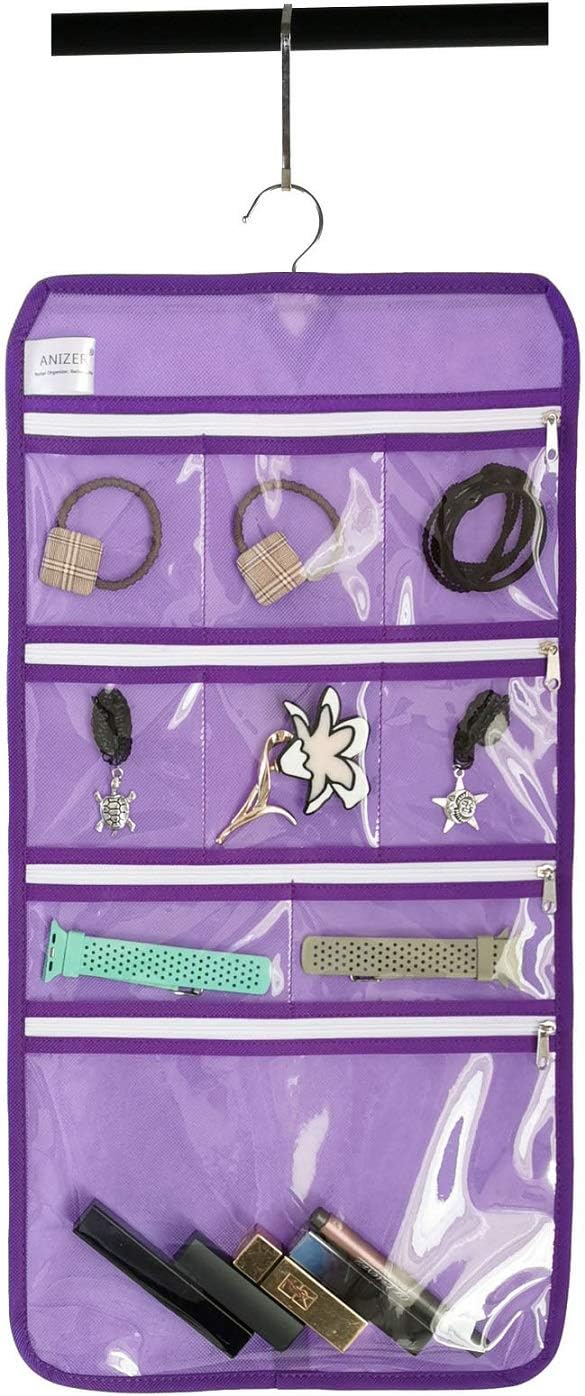 Travel Foldable Jewelry Rolls Bag Hanging Jewelry Organizer with 9 Zippered Clear Pockets Storage Pouch with Rotatable Hanger (PURPLE)