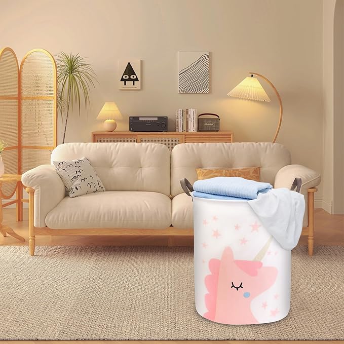 Mziart Kids Laundry Basket for Girls Boys, Cute Baby Laundry Hamper Waterproof Collapsible Large Storage Basket Nursery Toy Bin Home Decor Gift Baskets for Bathroom Bedroom 19.7 Inch (Pink Unicorn)