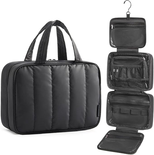 BAGSMART Travel Toiletry Bag for women, Portable Hanging Hook Makeup Bag Organizer, Waterproof Makeup Cosmetic Bag, for Full-Size Accessories, Toiletries,Black