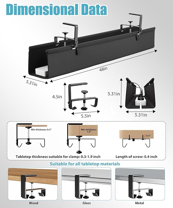 Oxford Cloth Under Desk Cable Management Tray, No-Drill 48" Desk Cable Management Organizer with Clip/Screw Installation, Holds Up to 70 lbs, Fabric Cable Management for Home, Office & Gaming Computer