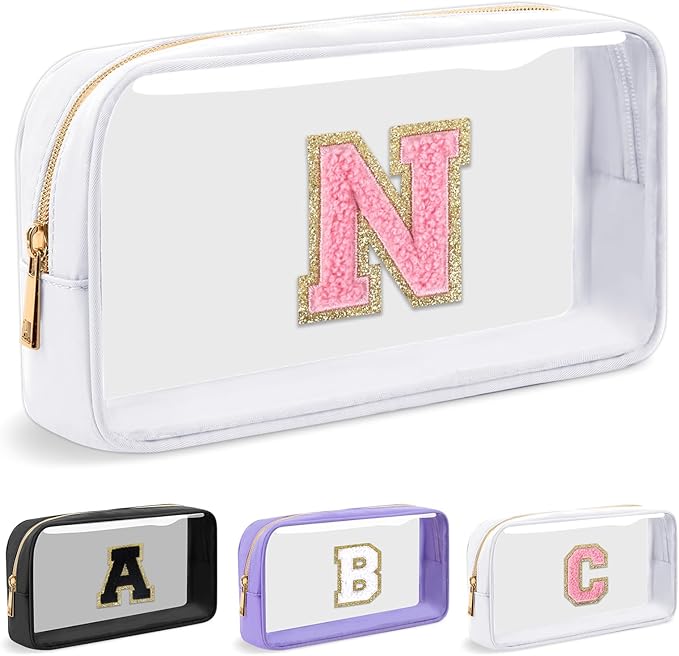 Personalized Initial Letter Clear Makeup Bag, Preppy Small Nylon & PVC Cosmetic Zipper Bag with Chenille Letter, Travel Skincare Toiletry Bag, Monogram Christmas Gift for Teen Girls Women, N