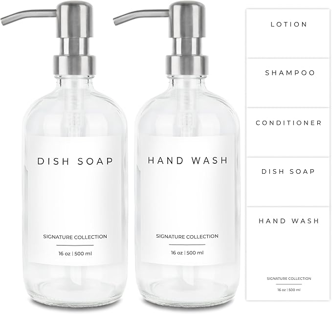 Emerson Essentials Soap Dispenser for Kitchen, Dish Dispenser for Kitchen, Bathroom Hands Set, Glass Bottles with Pump and Labels - 16 Oz, 2 Pack