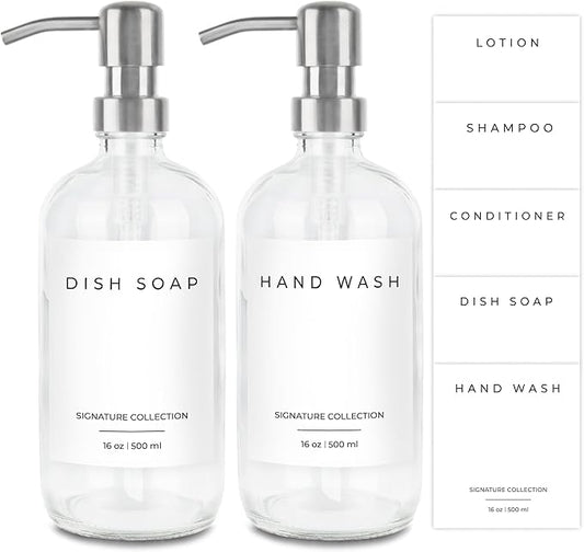 Emerson Essentials Soap Dispenser for Kitchen, Dish Dispenser for Kitchen, Bathroom Hands Set, Glass Bottles with Pump and Labels - 16 Oz, 2 Pack