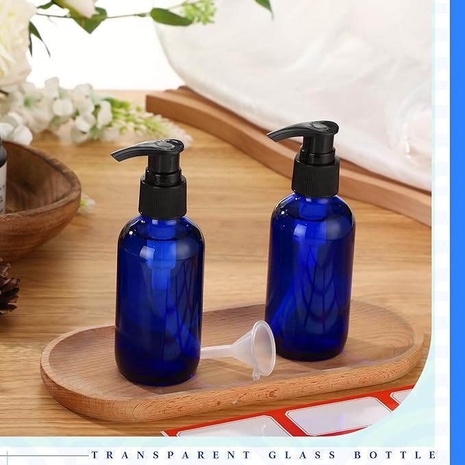 Fumete 2 Pack Glass Bottles 4oz Empty Refillable Liquid Containers with 1 Label 1 Funnel for Essential Oils Hair Travel Plants Cleaning Skin Care(Blue, Black Top,Pump Bottle)