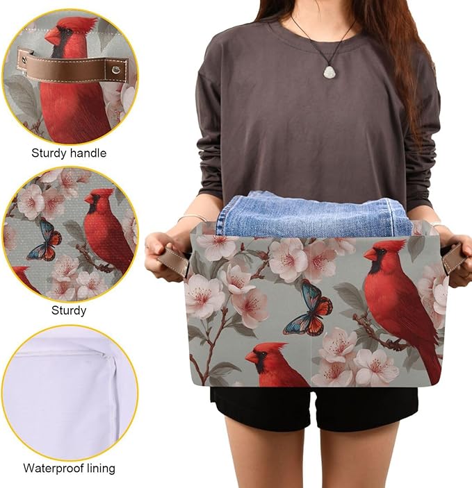 Aslsiy Storage Basket Cardinal Blooming Cherry Nursery Bins Butterfly Baby Box Canvas Clothes Shelf Basket Laundry Hamper Gift Basket for Home Closet 1 Pcs