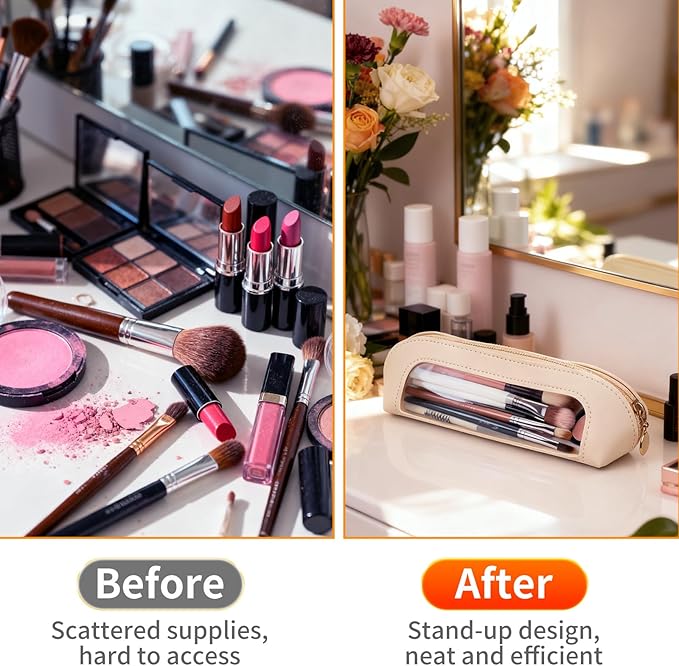 Small Double Sided Clear Makeup Bag - Waterproof Portable Makeup Brush Bag PU Leather Travel Makeup Brush Case Cosmetic Organizer Pouch with Zipper for Women Home Travel Office (White)