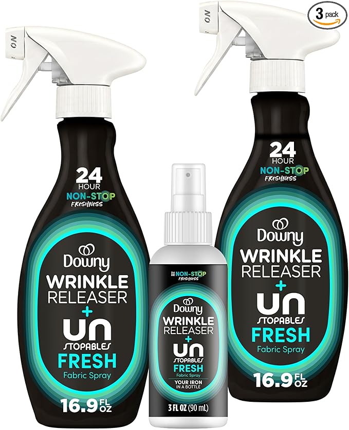 Downy Wrinkle Releaser Spray, Travel Size Spray + 16.9 Fl Oz Pack of 2, All In One Formula, Removes Wrinkles, Static and Odors, Light Fresh Scent