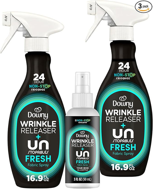 Downy Wrinkle Releaser Spray, Travel Size Spray + 16.9 Fl Oz Pack of 2, All In One Formula, Removes Wrinkles, Static and Odors, Light Fresh Scent