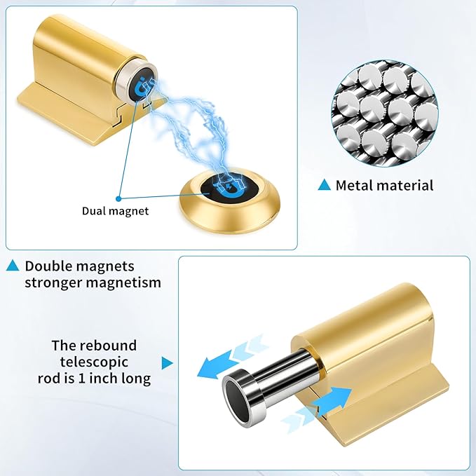 Magnetic Door Stoppers, Magnet Door Stop - Stainless Steel Door Catch, Retractable Bottom of Door Holder Suits Gaps Within 1.4" Keep Door Open, No Drill 3M Adhesive & Screws - Golden2 Pack