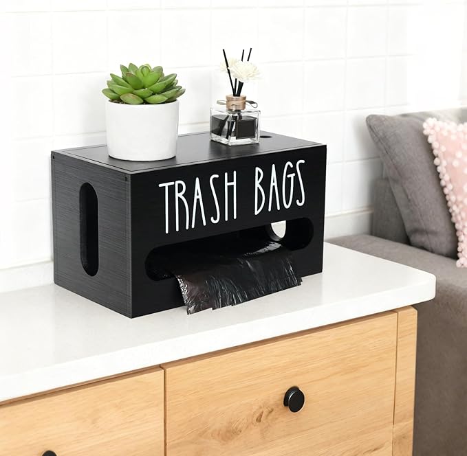 Trash Bag Dispenser, Wall Mounted, Small Wood Trash Bag Holder, used in kitchen, garage, laundry room, can store environmentally friendly food bags and garbage bags (Black/Small)
