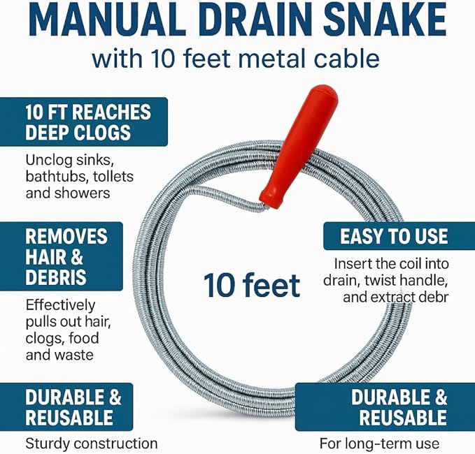 Drain Snake Clog Remover 10 Ft Flexible Metal Plumbing Snake for Sink, Shower, Tub & Bathroom Drain – Removes Hair & Grease – No Chemical Drain Cleaners Needed