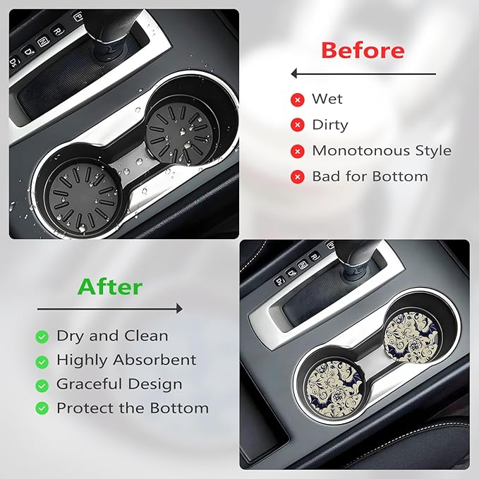 Car Cup Holder Coasters, 2 Pcs Ceramic Coasters with Cork Back and Finger Slot, Anti-Slip Shock Absorbing Women and Men Universal Car Accessories - Bat