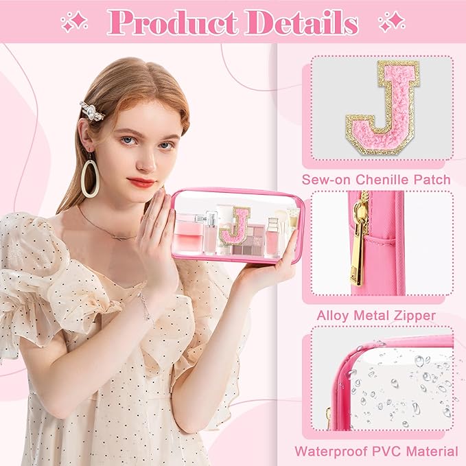 Personalized Initial Letter Clear Makeup Bag, Preppy Small Nylon & PVC Cosmetic Zipper Bag with Chenille Letter, Portable Beach Travel Skincare Toiletry Bag, Trendy Monogram Gift for Teen Girls Women, J