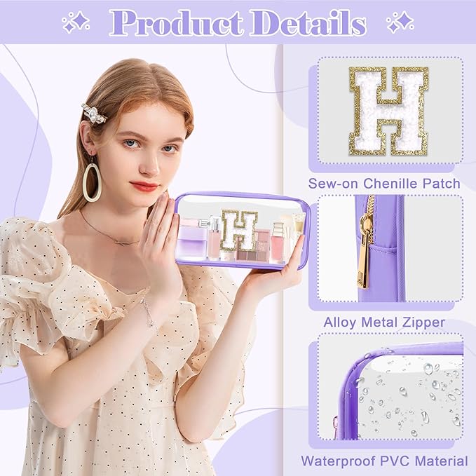 Personalized Initial Letter Clear Makeup Bag, Preppy Small Nylon & PVC Cosmetic Zipper Bag with Chenille Letter, Travel Skincare Toiletry Bag, Monogram Christmas Gift for Teen Girls Women, H