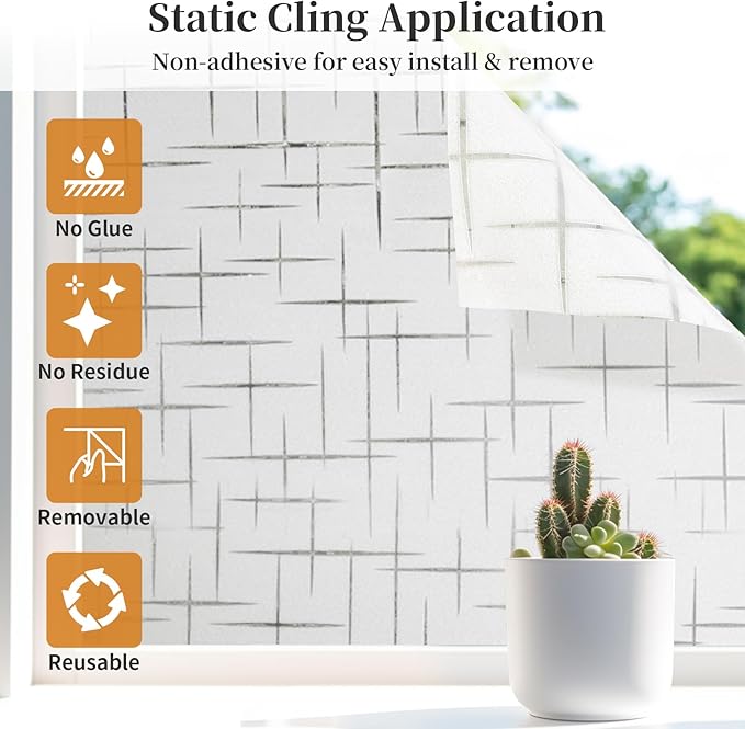 Window Privacy Film Frosted Glass Window Film Decorative, Removable Static Cling Heat Blocking Sun Blocker Front Door Window Covering for Bathroom Home Office (Cross Pattern,17.5" x 78.7")