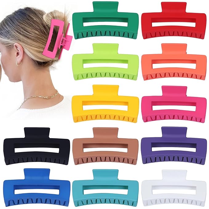 4.1 Inch Jumbo Claw Clips for Thick Hair - 12 Pcs Square Hair Accessories for Women and Girls - Dopamine