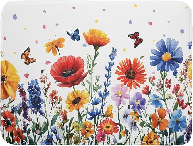 Watercolor Flower Dish Drying Mat 18x24 Inch Floral Butterfly Dish Drainer Protector Pad Washable Reversible Kitchen Counter Dish Dry Pad