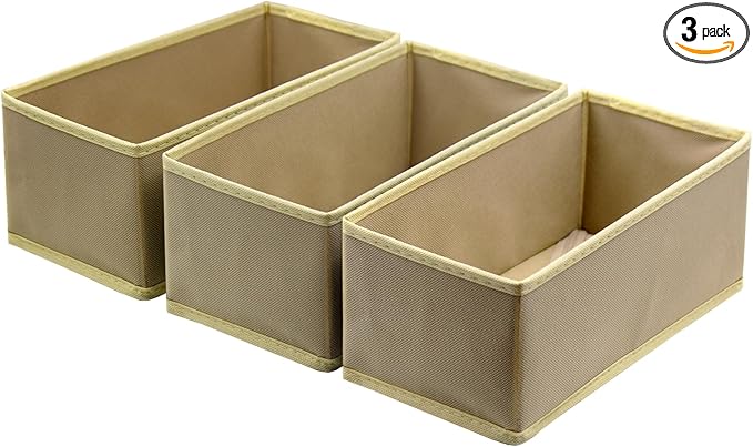 Socks Drawer Organizer Set of 3 Pack Khaki, 11' Small Underwear Dividers, Closet Cabinet Dresser Wardrobe Storage Boxes for Panty Stockings Leggings Bra