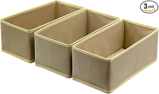Socks Drawer Organizer Set of 3 Pack Khaki, 11' Small Underwear Dividers, Closet Cabinet Dresser Wardrobe Storage Boxes for Panty Stockings Leggings Bra