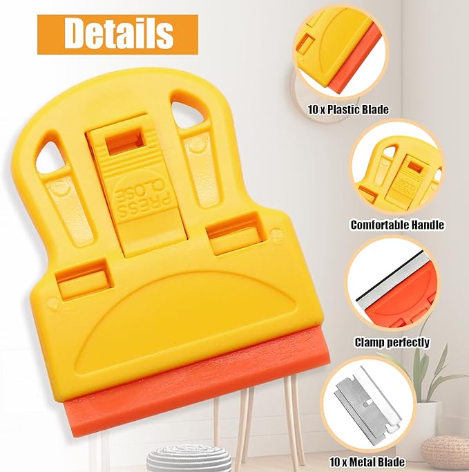2 Sets Razor Blade Scrapers, Plastic Scraper Tool Extra 10 Plastic Razor Blades and 10 Metal Blades, Adhesive Remover Scraper for Glass Windows Sticker Removal