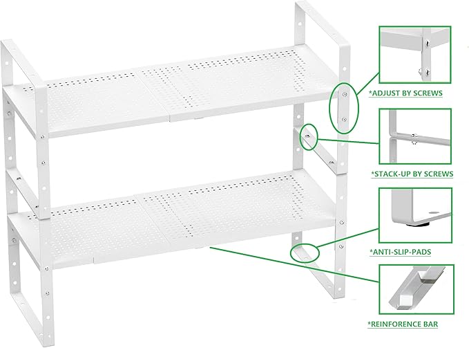 Wobmmi Expandable Shoe Rack Stackable Metal Pantry Storage Shelves Stand Adjustable Height Cabinet Shelf Organizer Racks Spice Shelving(3PACKS/WHITE,MEDIUM)