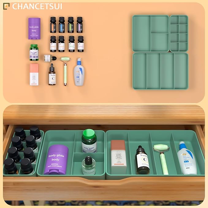 CHANCETSUI Drawer Organizer Storage Tray Set – Modular, Stackable Bins for Vanity, Bathroom, Makeup & Personal Care – Boho Style Plastic Trays with Customizable Slots, Durable & Space-Saving Design